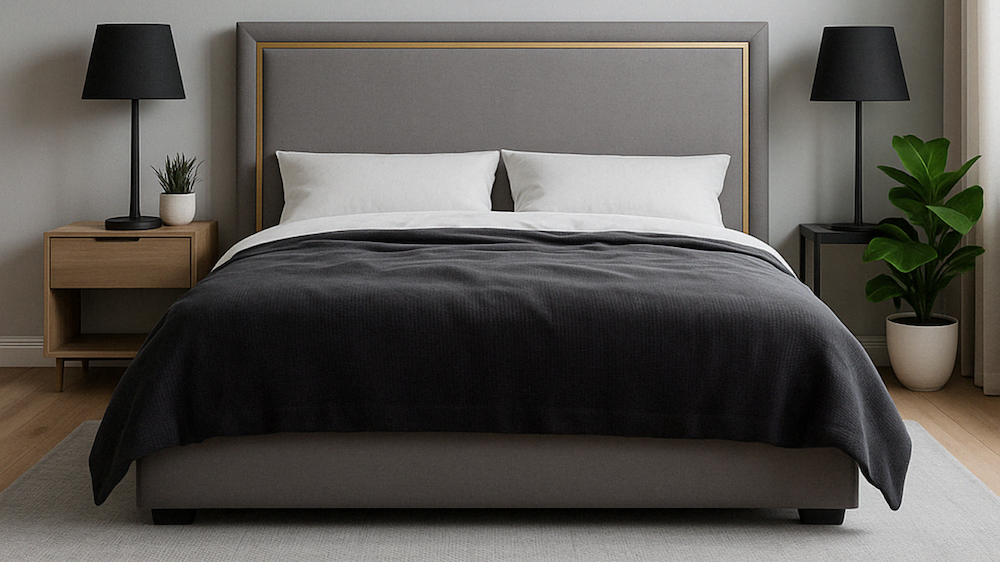 Nowoczesne łóżko tapicerowane Como ze złotą ramką w szarym kolorze